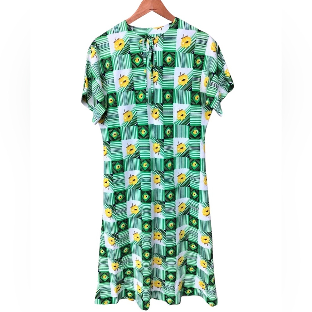 70s Bright green & yellow Vintage floral House dress Polyester geometric 1970s - Picture 2 of 7